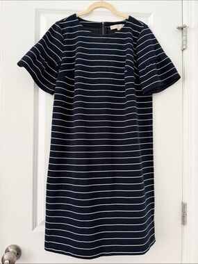 LOFT Navy and White Stripe Ruffle-Sleeve Midi Dress